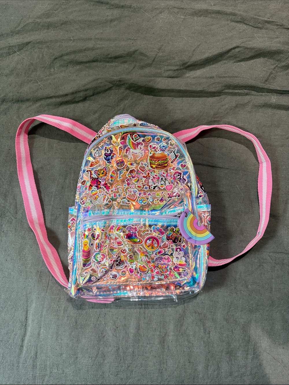 Custom Lisa frank Kids Clear Holographic Pink Backpack with Rainbow Charm